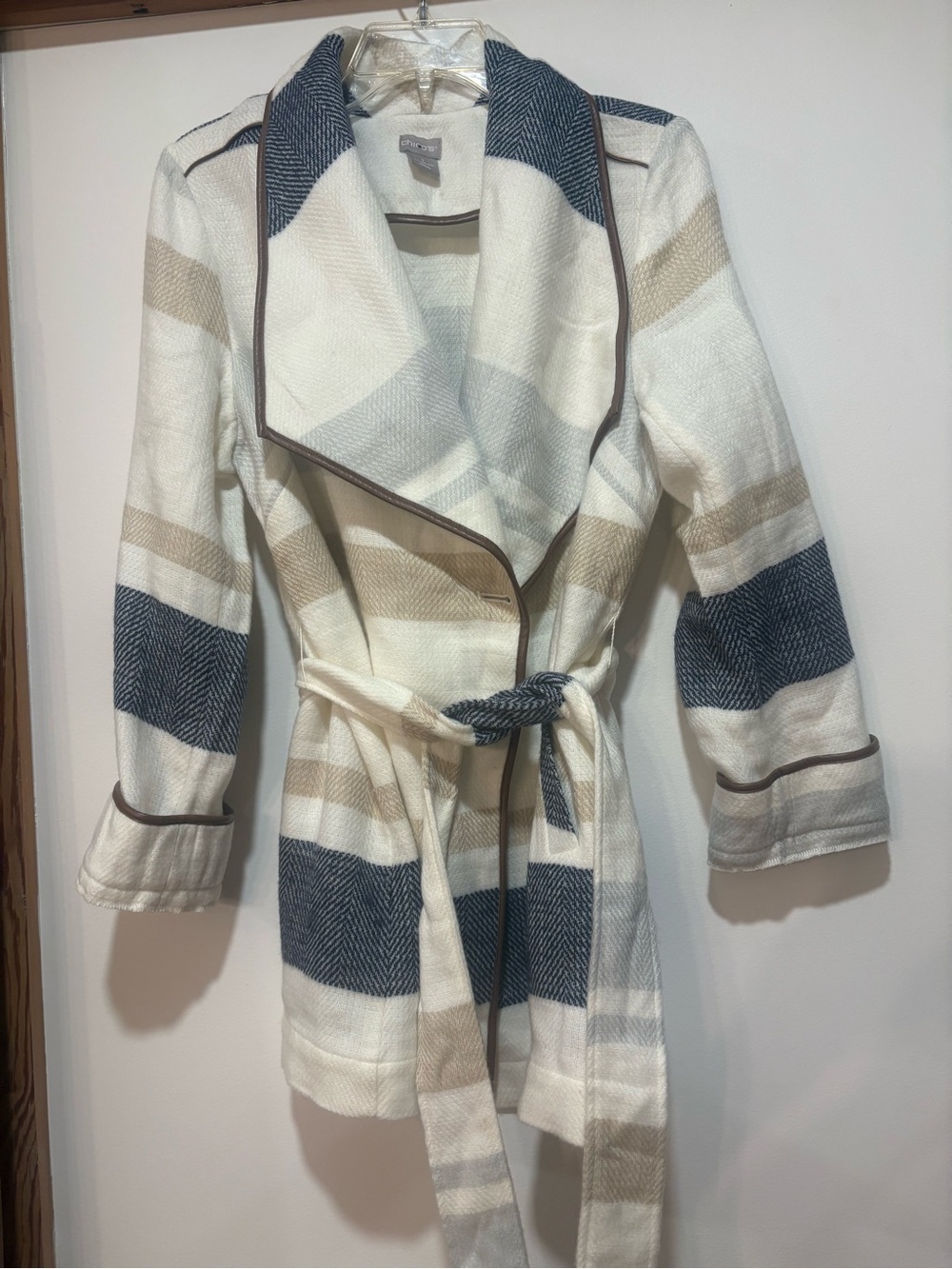 Chico's Striped Belted Cardigan in Cream, Navy & Tan